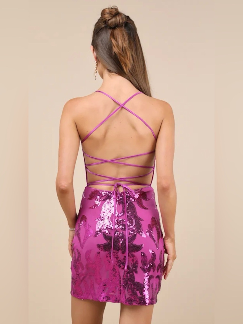 Sincerest Shine Magenta Purple Sequin Lace-Up Mini Dress bachlorette - Picture 3 of 4